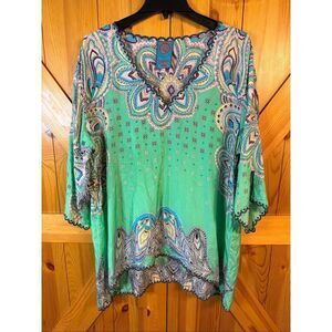Johnny Was Plus Size V Neck Silk Embroidered Hem SILK Blouse Size PXXL (6193)